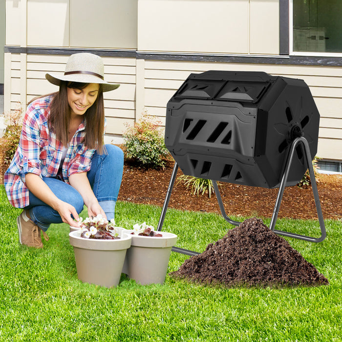 360Â° Rotatable Tumbling Composter with 2 Sliding Doors-Black