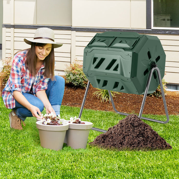 360Â° Rotatable Tumbling Composter with 2 Sliding Doors-Green