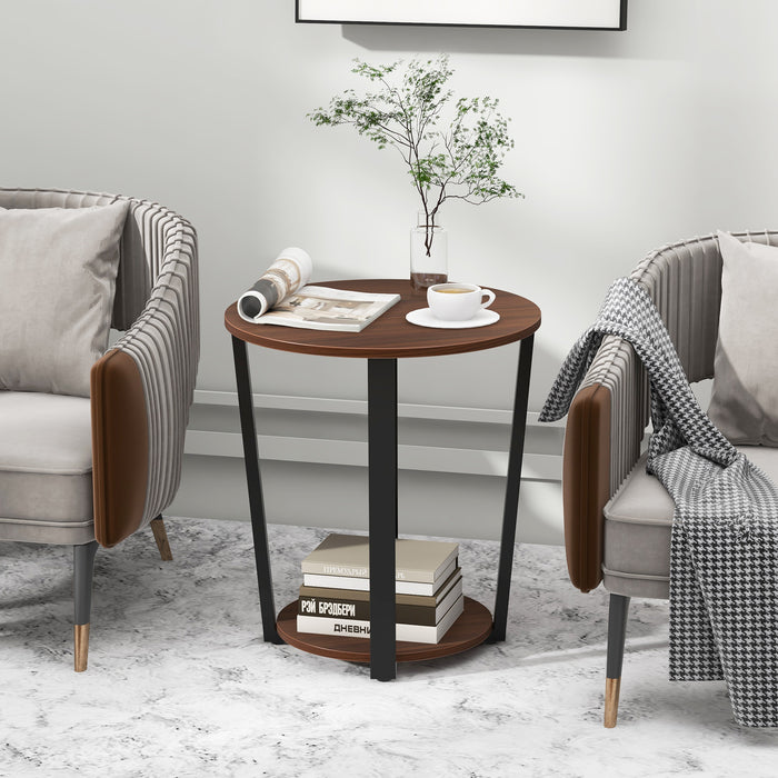 Round End Table with Open Shelf and Metal Frame-Walnut