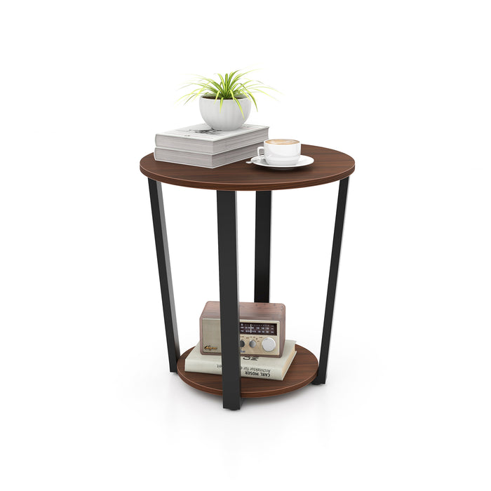 Round End Table with Open Shelf and Metal Frame-Walnut