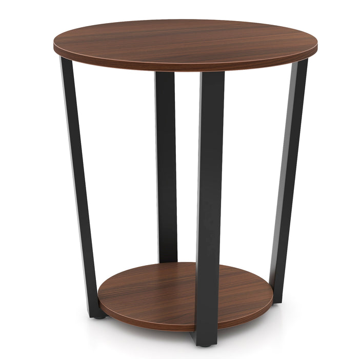 Round End Table with Open Shelf and Metal Frame-Walnut