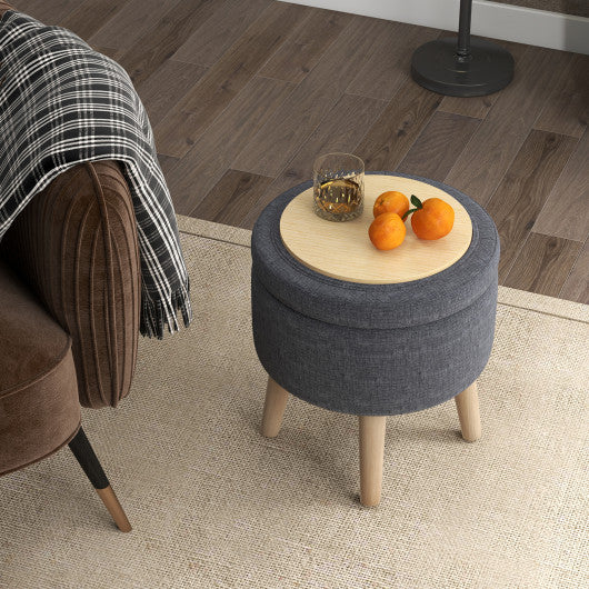 Round Storage Ottoman with Rubber Wood Legs and Adjustable Foot Pads-Gray