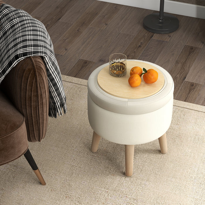 Round Storage Ottoman with Rubber Wood Legs and Adjustable Foot Pads-Beige