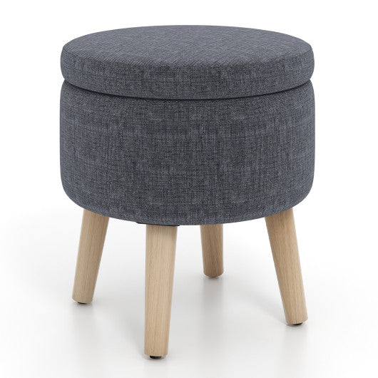 Round Storage Ottoman with Rubber Wood Legs and Adjustable Foot Pads-Gray