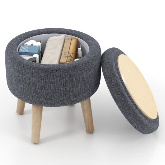 Round Storage Ottoman with Rubber Wood Legs and Adjustable Foot Pads-Gray