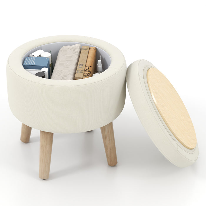 Round Storage Ottoman with Rubber Wood Legs and Adjustable Foot Pads-Beige