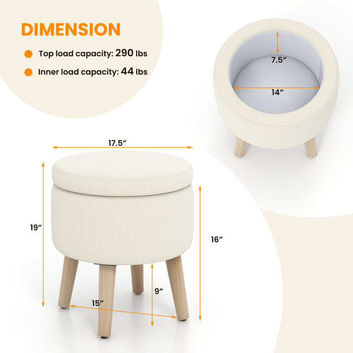 Round Storage Ottoman with Rubber Wood Legs and Adjustable Foot Pads-Beige