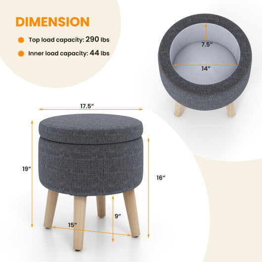 Round Storage Ottoman with Rubber Wood Legs and Adjustable Foot Pads-Gray