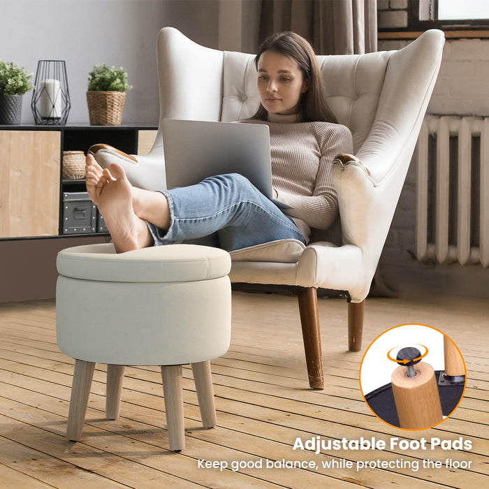 Round Storage Ottoman with Rubber Wood Legs and Adjustable Foot Pads-Beige