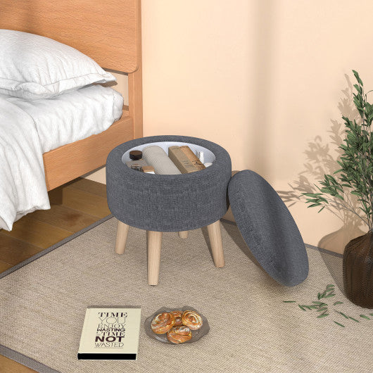 Round Storage Ottoman with Rubber Wood Legs and Adjustable Foot Pads-Gray