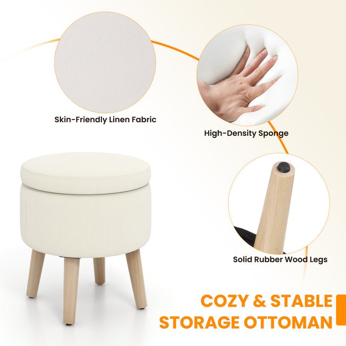 Round Storage Ottoman with Rubber Wood Legs and Adjustable Foot Pads-Beige