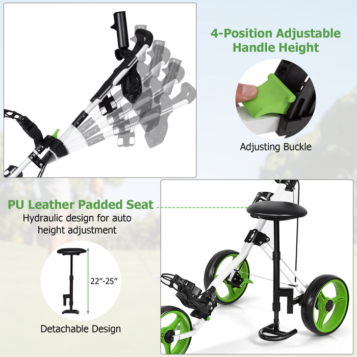 3 Wheels Push Pull Golf Trolley with Scoreboard Bag-Green