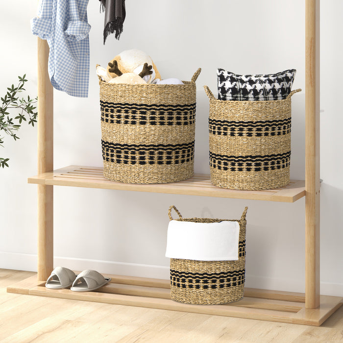 Seagrass Basket Set of 3 Stackable Storage Bins with Handles Woven Round Basket-M