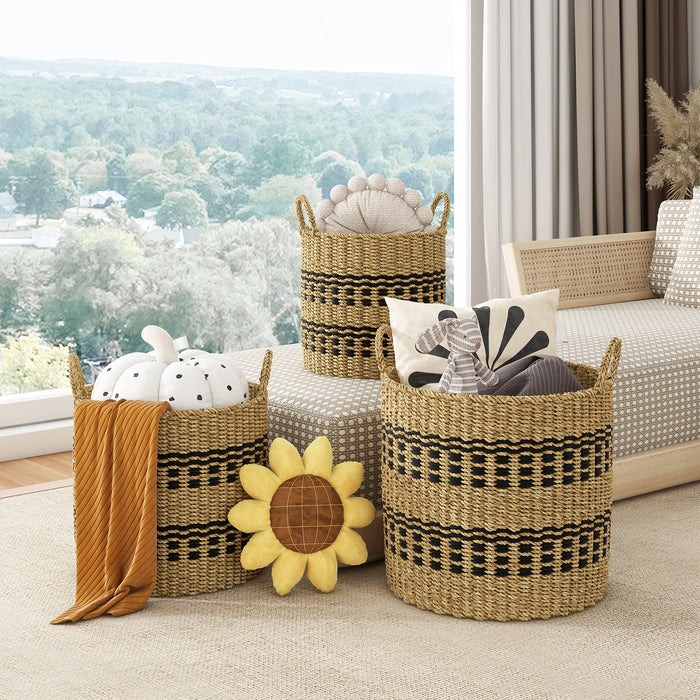 Seagrass Basket Set of 3 Stackable Storage Bins with Handles Woven Round Basket-M