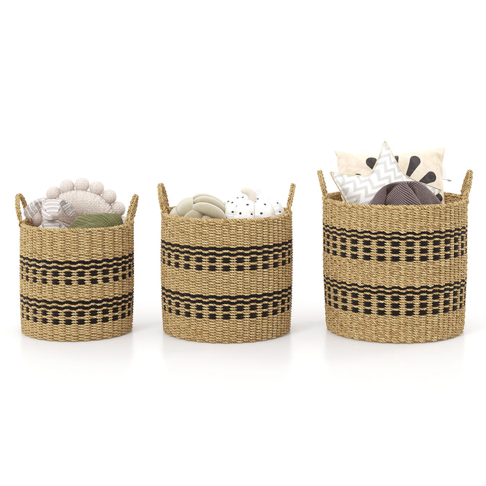 Seagrass Basket Set of 3 Stackable Storage Bins with Handles Woven Round Basket-M