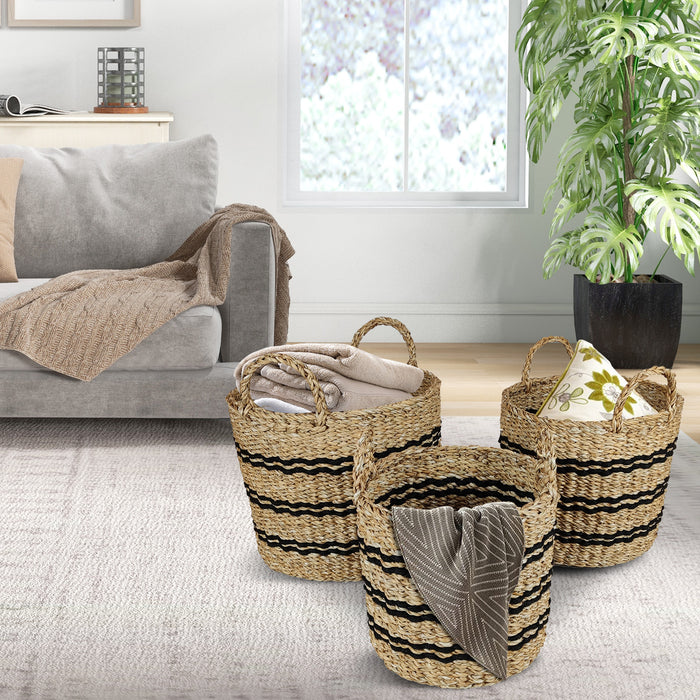 Seagrass Basket Set of 3 Stackable Storage Bins with Handles Woven Round Basket-S