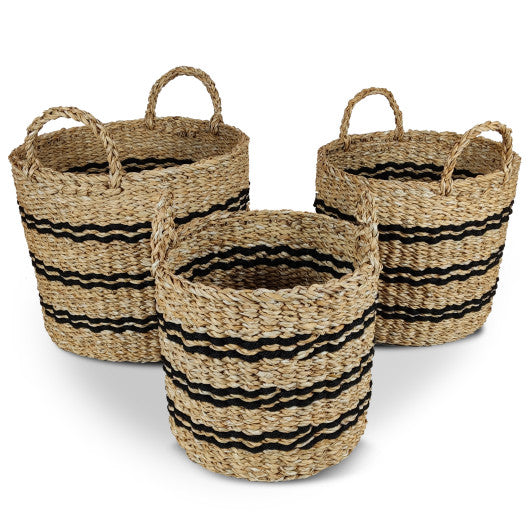 Seagrass Basket Set of 3 Stackable Storage Bins with Handles Woven Round Basket-S