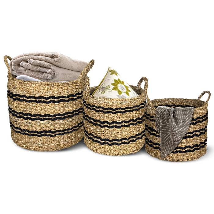 Seagrass Basket Set of 3 Stackable Storage Bins with Handles Woven Round Basket-S