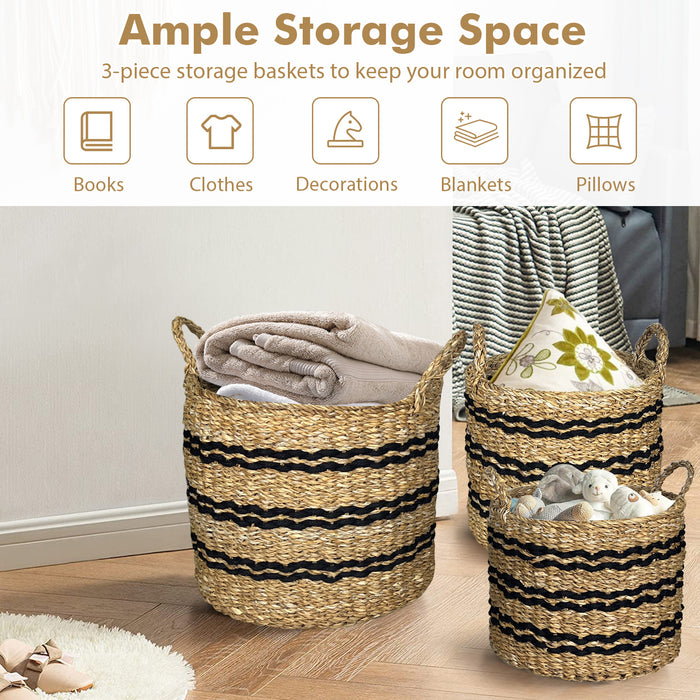 Seagrass Basket Set of 3 Stackable Storage Bins with Handles Woven Round Basket-S