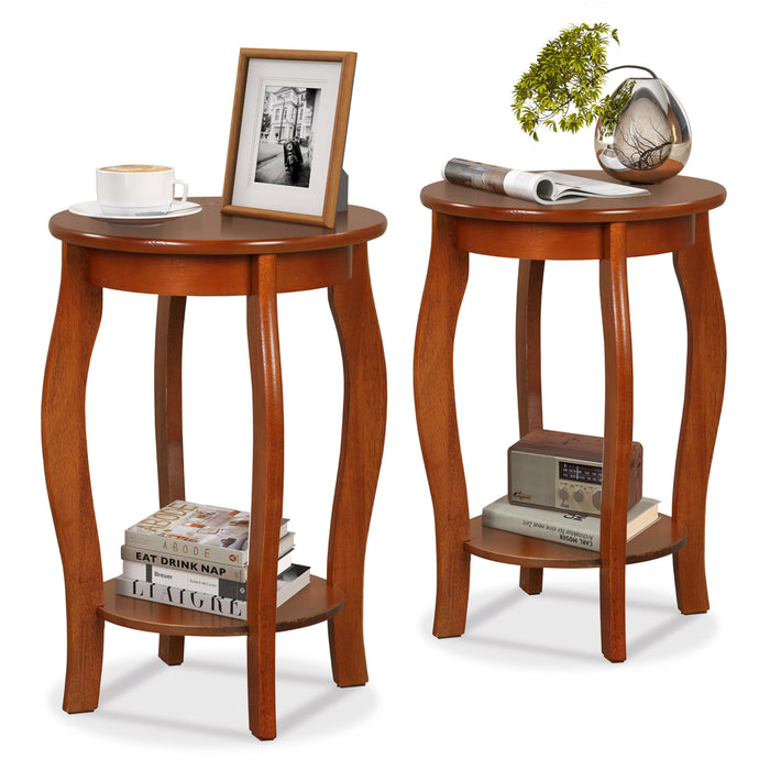 Set of 2 15 Inch 2-Tier Round End Table with Storage Shelf-Walnut