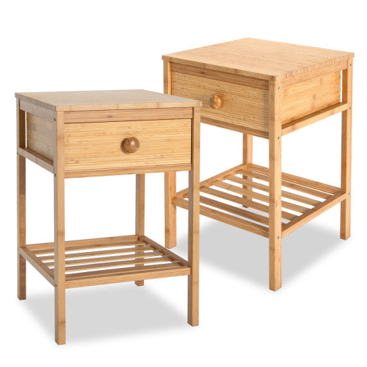 Set of 2 Bamboo End Tables with Drawer and Open Shelf-Natural