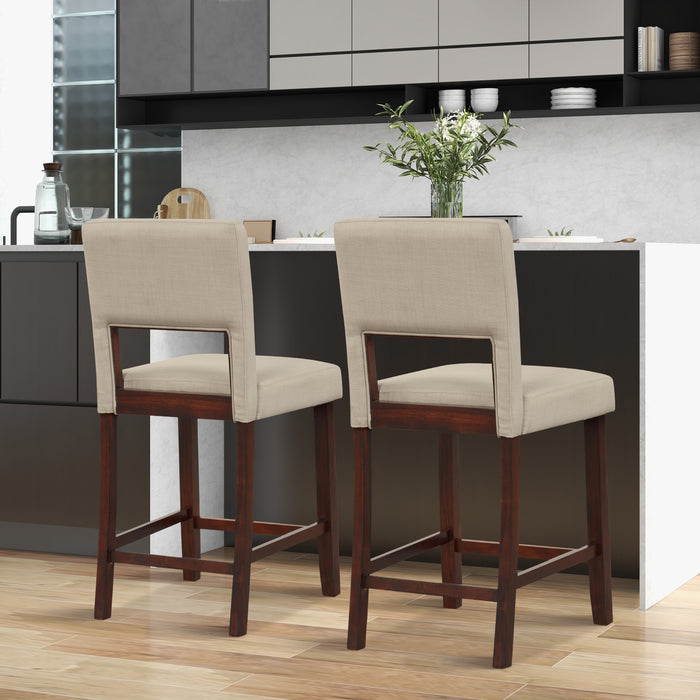 2 Piece Bar Chair Set with Hollowed Back and Rubber Wood Legs-Beige