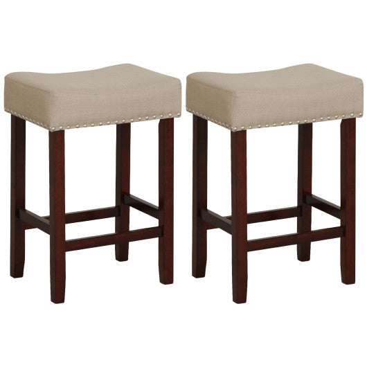 Set of 2 24 Inch Bar Stool with Curved Seat Cushions-Beige