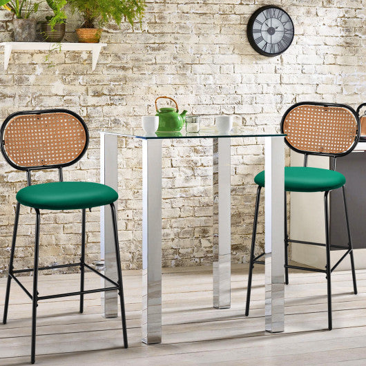 29.5 Inch Modern Faux Leather Bar Stools with Imitation Rattan Woven Backrest-Green