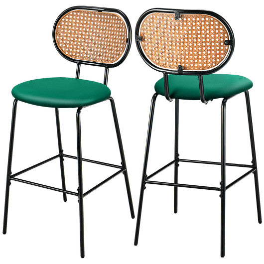 29.5 Inch Modern Faux Leather Bar Stools with Imitation Rattan Woven Backrest-Green