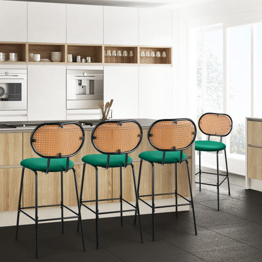 29.5 Inch Modern Faux Leather Bar Stools with Imitation Rattan Woven Backrest-Green