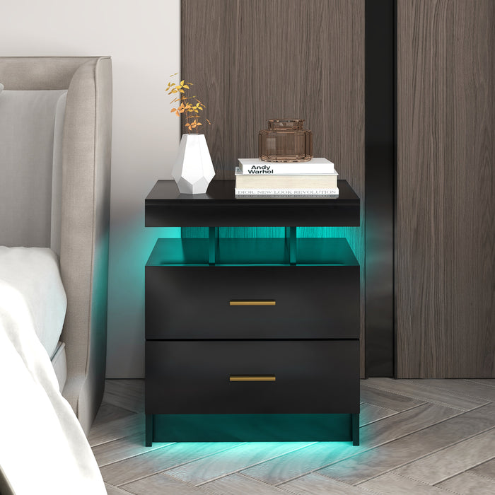 Set of 2 LED Nightstand with 2 Storage Drawers for Bedroom-Black