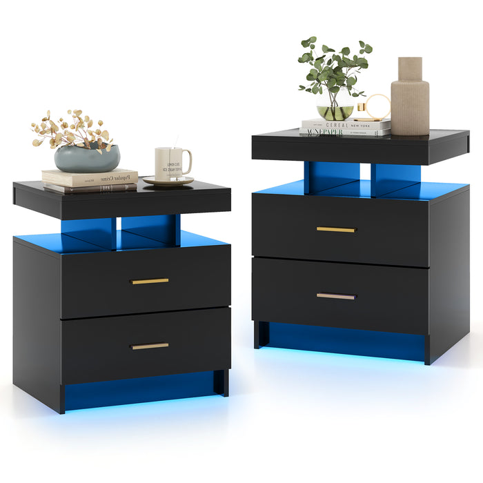 Set of 2 LED Nightstand with 2 Storage Drawers for Bedroom-Black