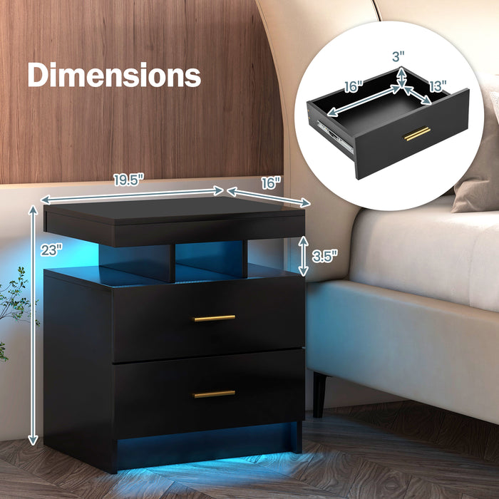 Set of 2 LED Nightstand with 2 Storage Drawers for Bedroom-Black