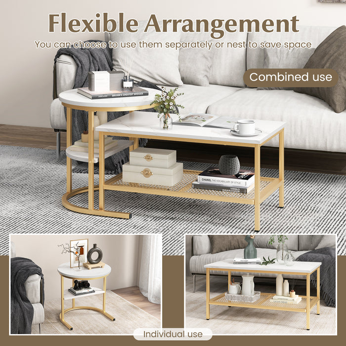 Set of 2 Nesting Coffee Table with Extra Storage Shelf for Living Room-Golden