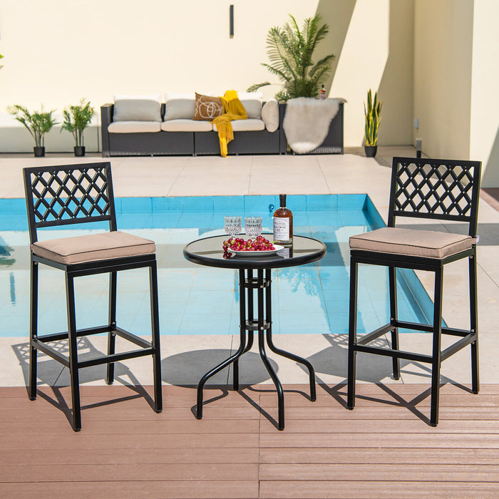 Set of 2 Patio Bar Chairs with Detachable Cushion and Footrest-ArgyleÂ Pattern