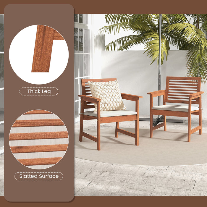 Set of 2 Patio Solid Wood Dining Chairs with Cushions and Slatted Seat