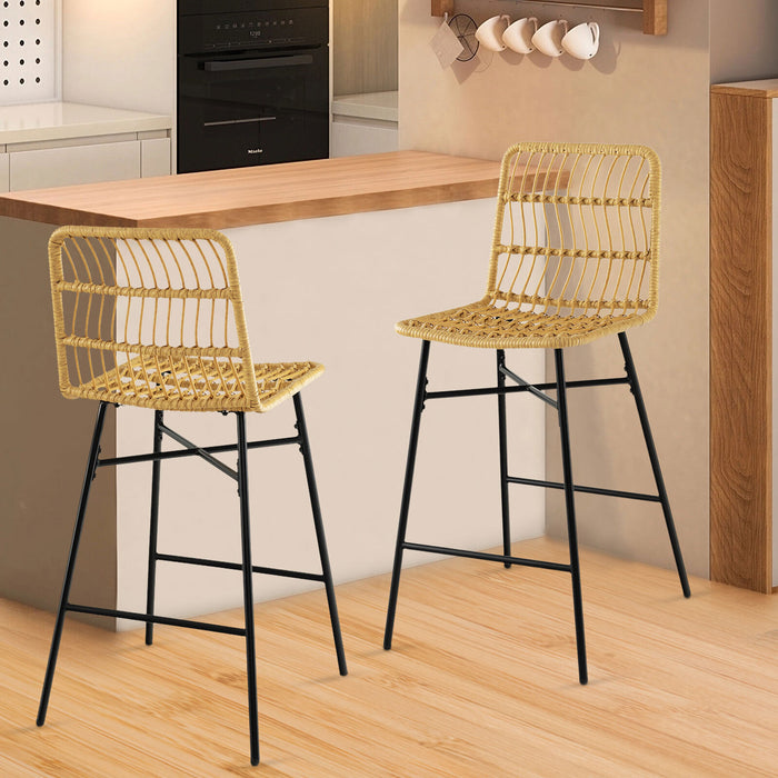 Set of 2 Rattan Bar Stools with Sturdy Metal Frame-Yellow