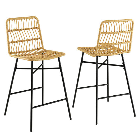 Set of 2 Rattan Bar Stools with Sturdy Metal Frame-Yellow