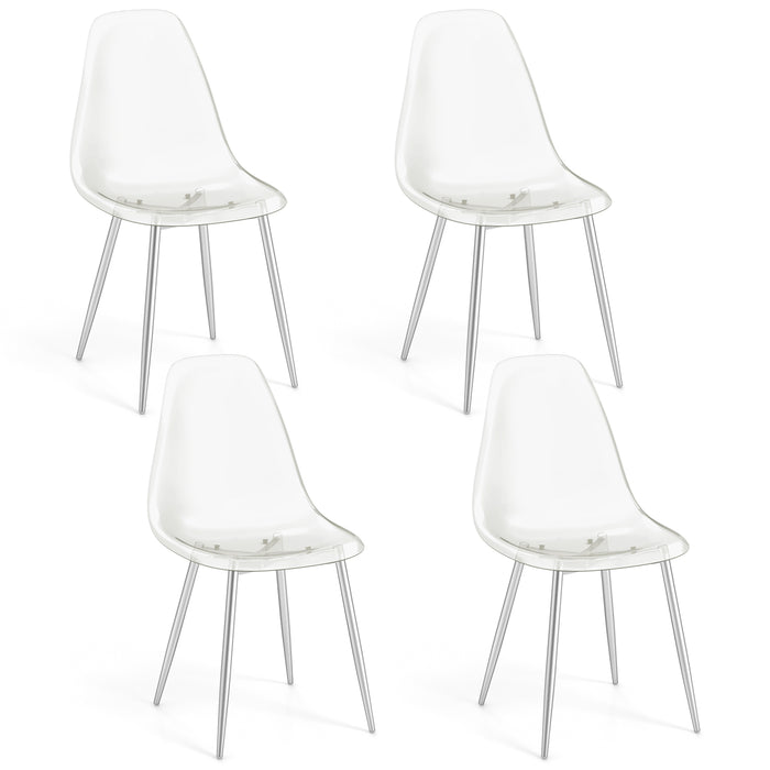 Set of 4 Dining Chairs Modern Plastic Shell Side Chair with Clear Seat and Wood Legs-Silver