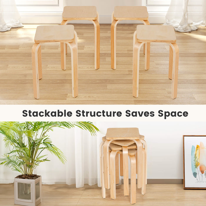 Stackable Stools Set of 4 with Square Top and Rounded Corners-Natural