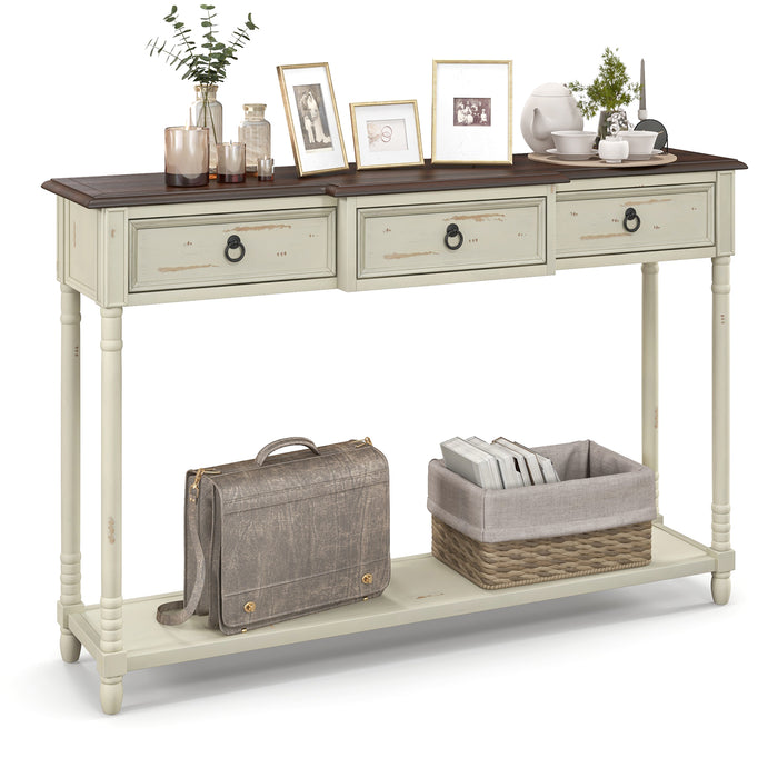 52 Inch Farmhouse Console Table with 3 Drawers and Open Storage Shelf for Hallway