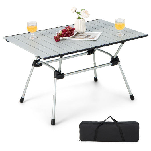 Folding Heavy-Duty Aluminum Camping Table with Carrying Bag-Silver