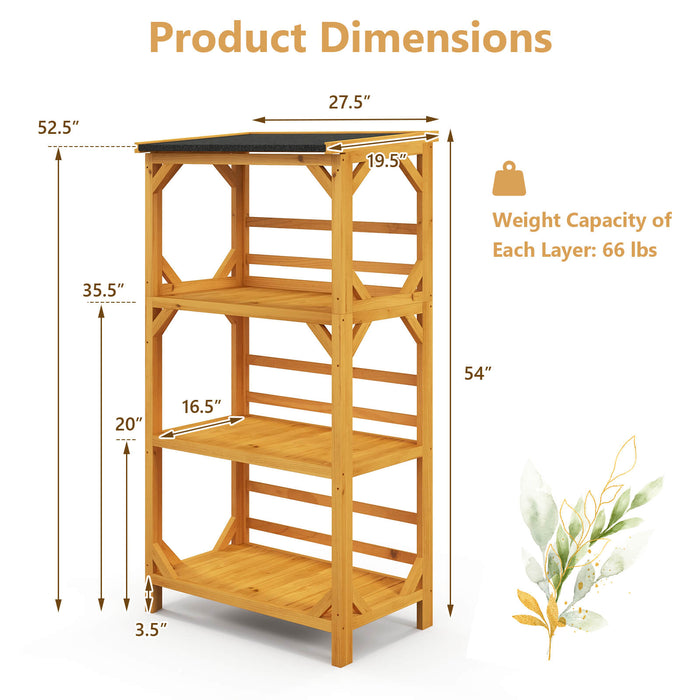 3-Tier Wooden Plant Stand with Weatherproof Asphalt Roof for Patio-Natural