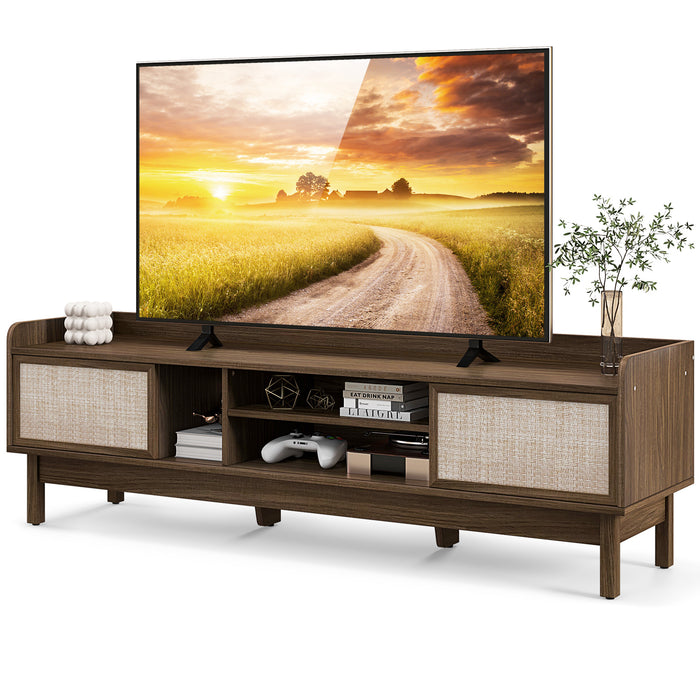 Sliding Door TV Stand for 65 Inch TV with Woven Doors-Walnut