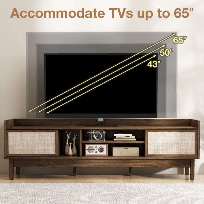 Sliding Door TV Stand for 65 Inch TV with Woven Doors-Walnut