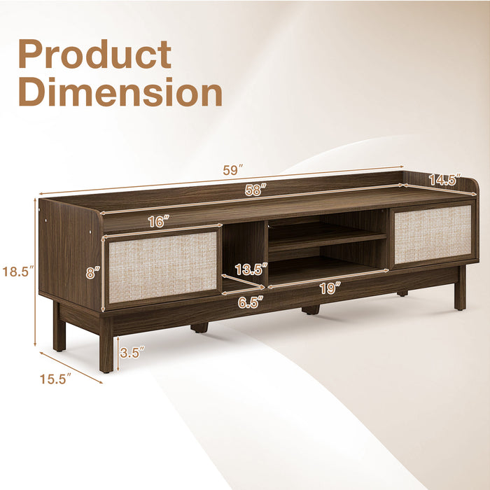 Sliding Door TV Stand for 65 Inch TV with Woven Doors-Walnut