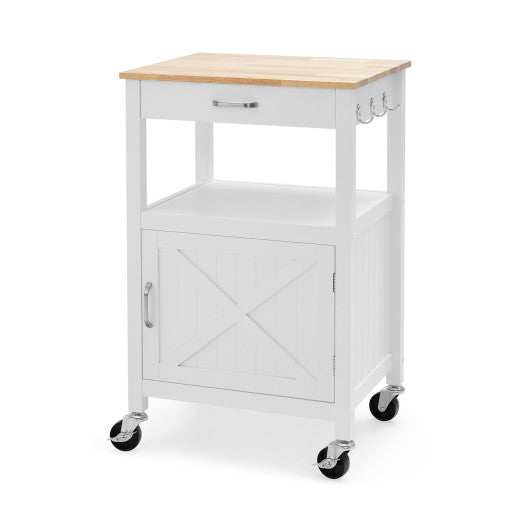 Rolling Kitchen Island Cart with Drawer and Side Hooks-White