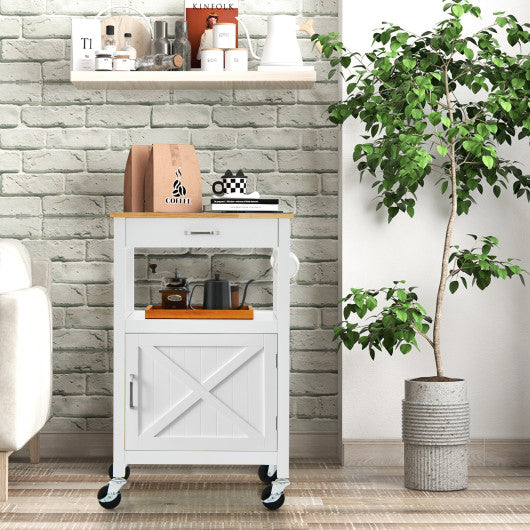 Rolling Kitchen Island Cart with Drawer and Side Hooks-White