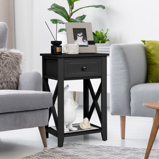 Storage End Bedside Drawer Nightstand w/ Bottom Shelf-Black