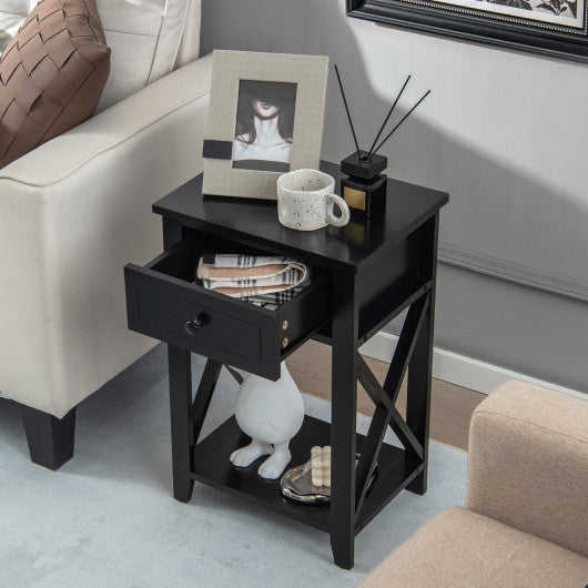 Storage End Bedside Drawer Nightstand w/ Bottom Shelf-Black